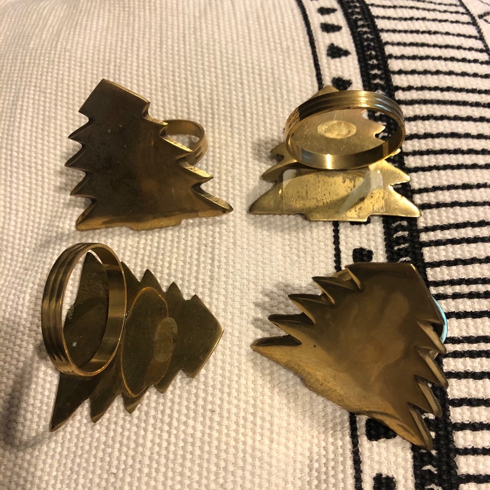 Vtg brass christmas tree napkin rings set of 8